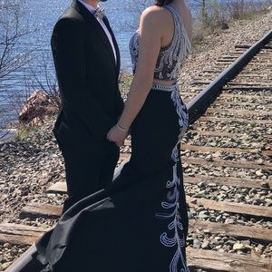 Black bedazzled two piece prom dress